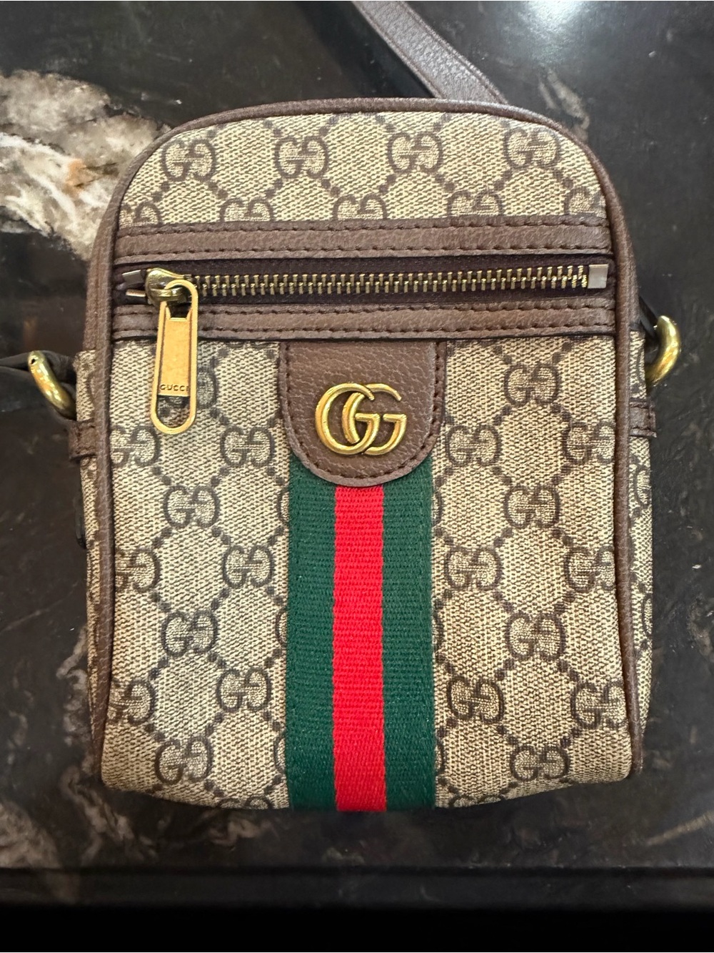 Gucci Beige Brown GG Supreme Crossbody with Green-Red Web